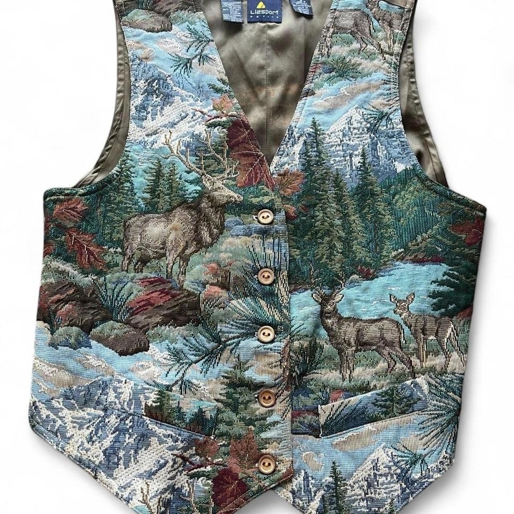 Liz Sport Vintage 90s Tapestry Deer Wildlife Forest Scene Vest Petite 8 Blue